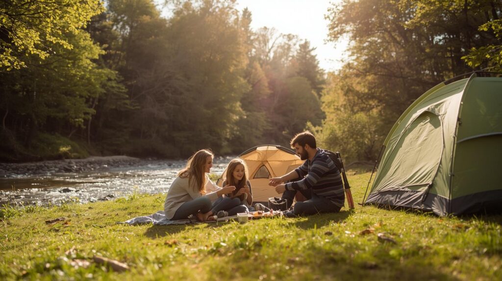 엄마, 아빠, 아이 둘이 함께하는 날씨좋은 봄날 햇볕과 숲, 강이 있는 캠핑장에서의 행복한 시간을 지내는 모습