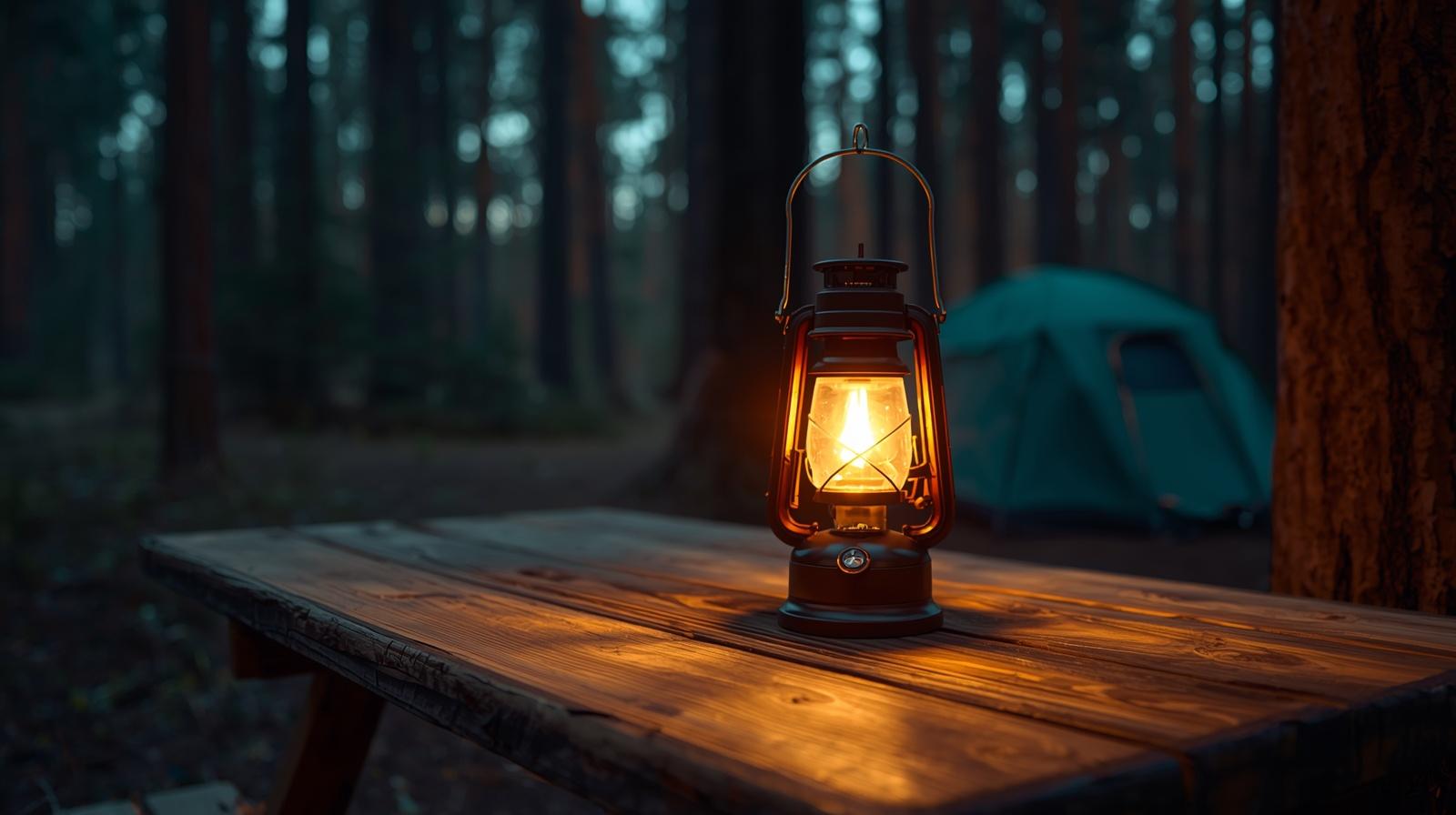 a glowing led camping lantern placed on a wooden camping table at night, su 20260328 102109 0000